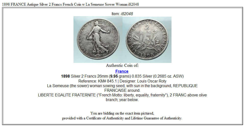 1898 FRANCE Antique Silver 2 Francs French Coin w La Semeuse Sower Woman i82048