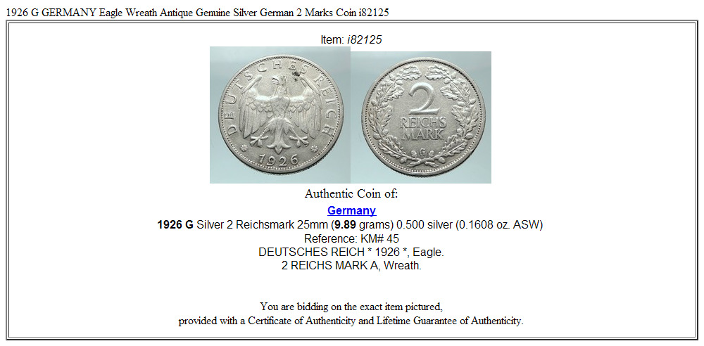 1926 G GERMANY Eagle Wreath Antique Genuine Silver German 2 Marks Coin i82125