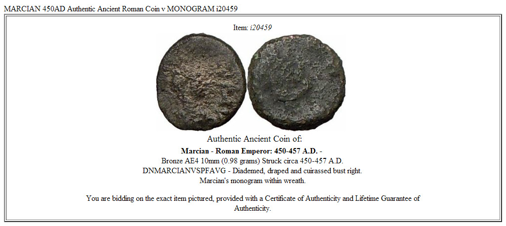 MARCIAN 450AD Authentic Ancient Roman Coin v MONOGRAM i20459