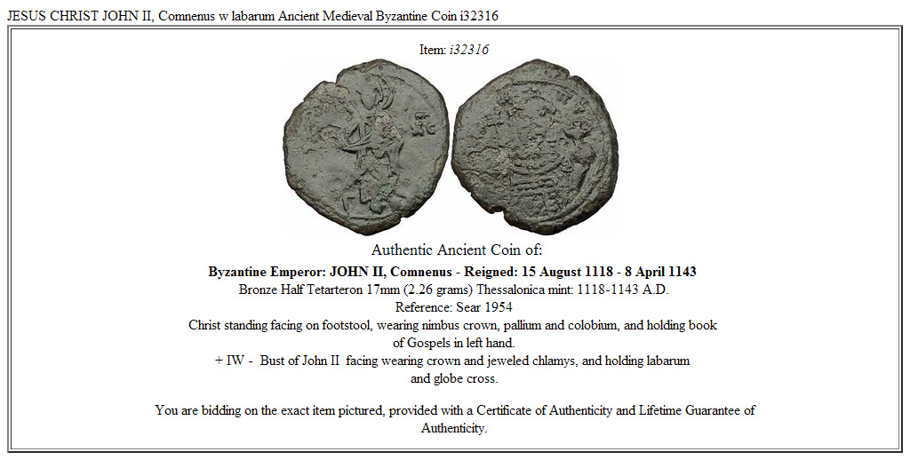 JESUS CHRIST JOHN II, Comnenus w labarum Ancient Medieval Byzantine Coin i32316