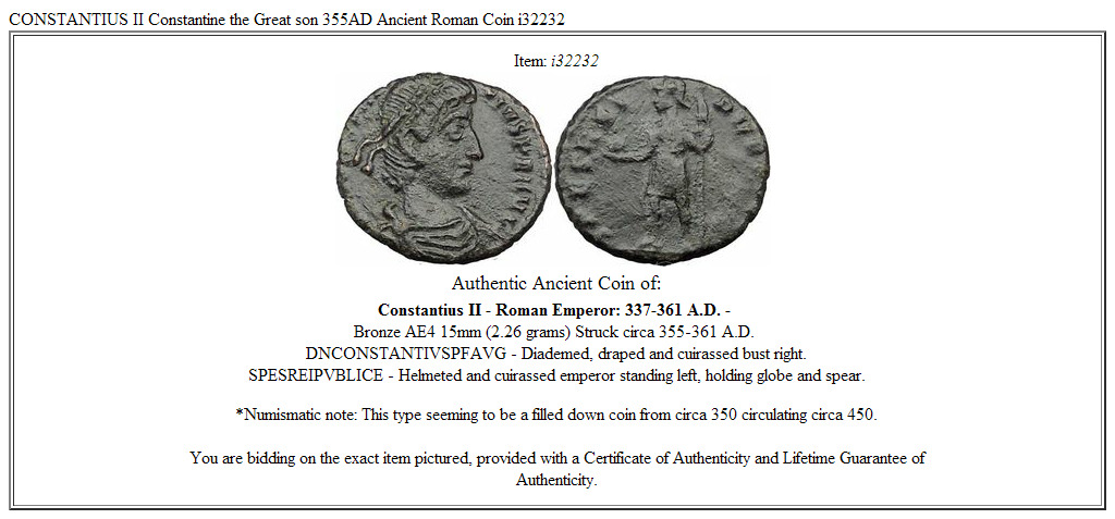 CONSTANTIUS II Constantine the Great son 355AD Ancient Roman Coin i32232