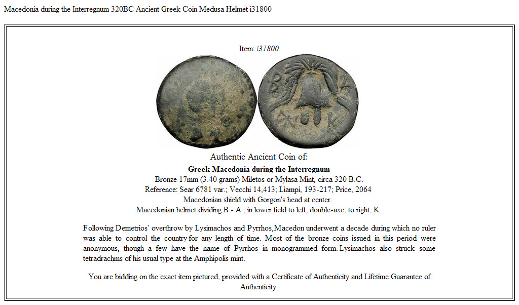 Macedonia during the Interregnum 320BC Ancient Greek Coin Medusa Helmet i31800