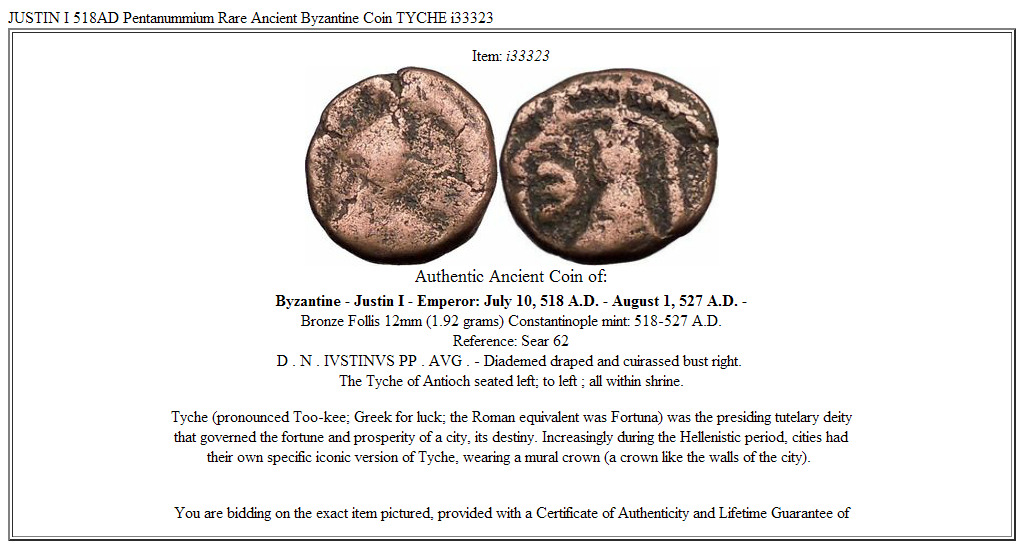 JUSTIN I 518AD Pentanummium Rare Ancient Byzantine Coin TYCHE i33323