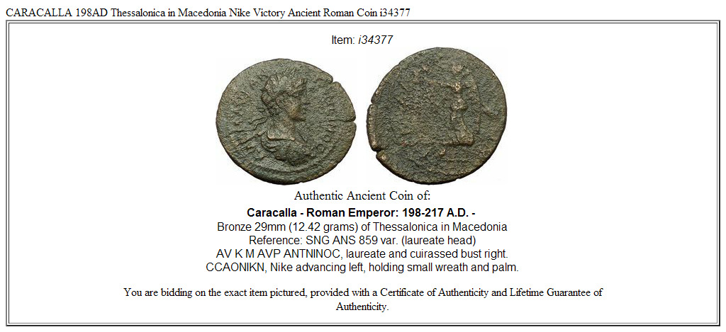 CARACALLA 198AD Thessalonica in Macedonia Nike Victory Ancient Roman Coin i34377