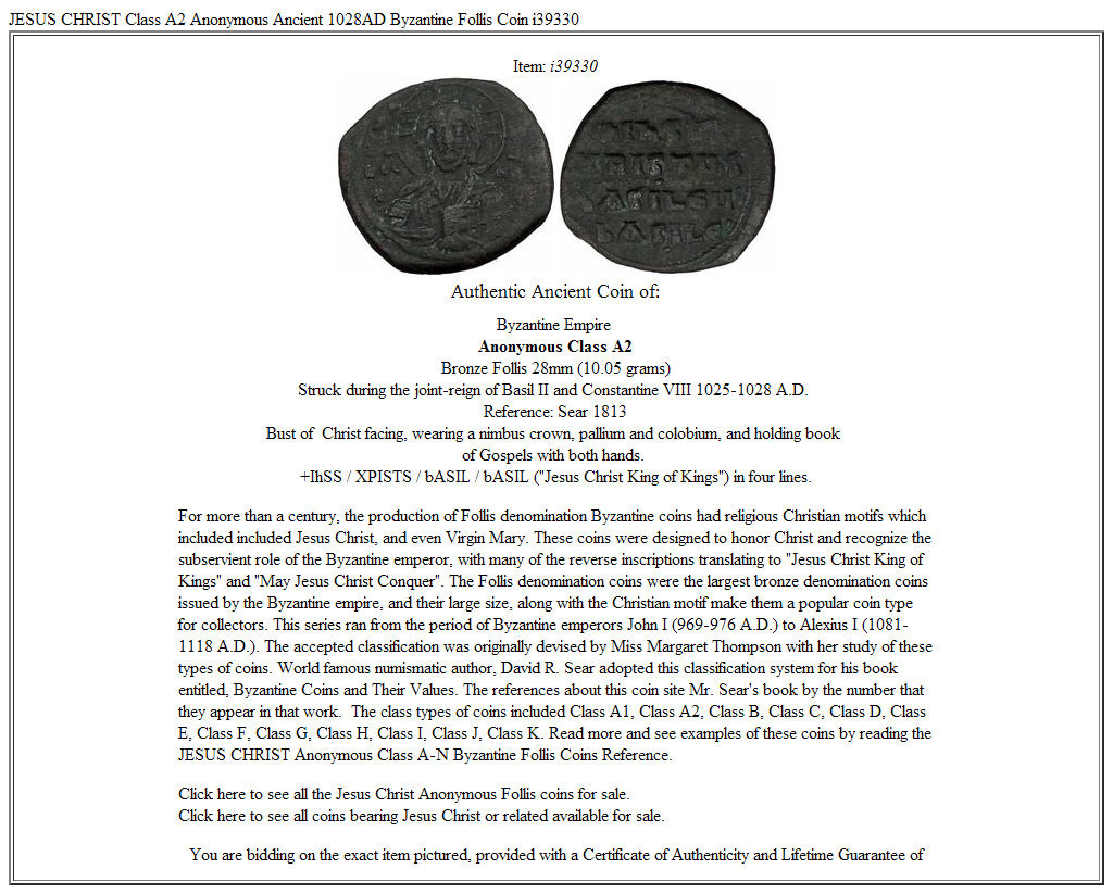 JESUS CHRIST Class A2 Anonymous Ancient 1028AD Byzantine Follis Coin i39330