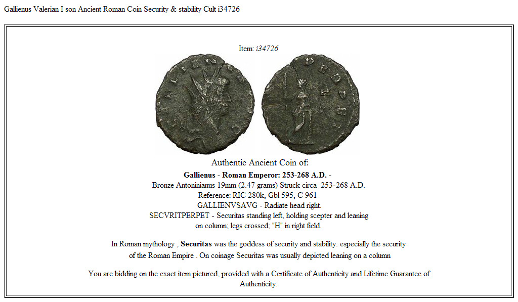 Gallienus Valerian I son Ancient Roman Coin Security & stability Cult i34726