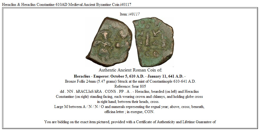 Heraclius & Heraclius Constantine 610AD Medieval Ancient Byzantine Coin i40117