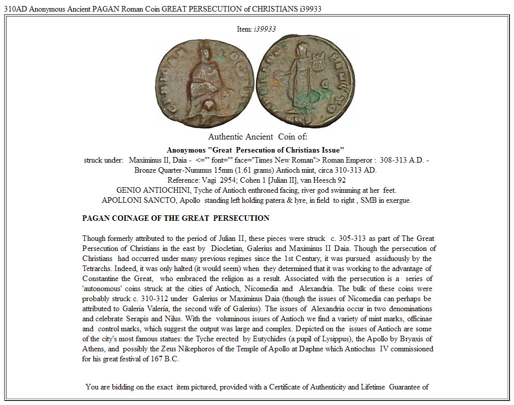 310AD Anonymous Ancient PAGAN Roman Coin GREAT PERSECUTION of CHRISTIANS i39933