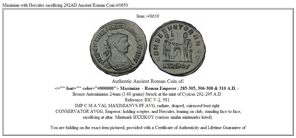 Maximian with Hercules sacrificing 292AD Ancient Roman Coin i40650