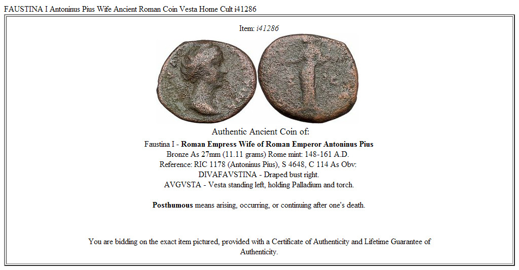 FAUSTINA I Antoninus Pius Wife Ancient Roman Coin Vesta Home Cult i41286