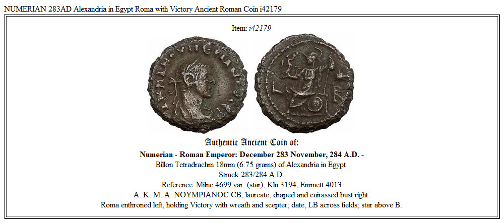 NUMERIAN 283AD Alexandria in Egypt Roma with Victory Ancient Roman Coin i42179