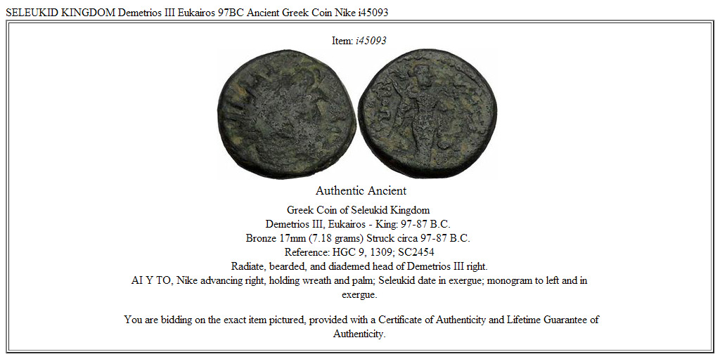 SELEUKID KINGDOM Demetrios III Eukairos 97BC Ancient Greek Coin Nike i45093