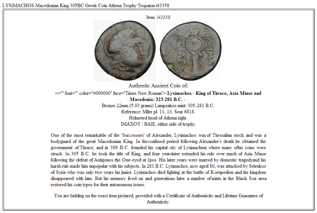 LYSIMACHOS Macedonian King 305BC Greek Coin Athena Trophy Tropaion i43358
