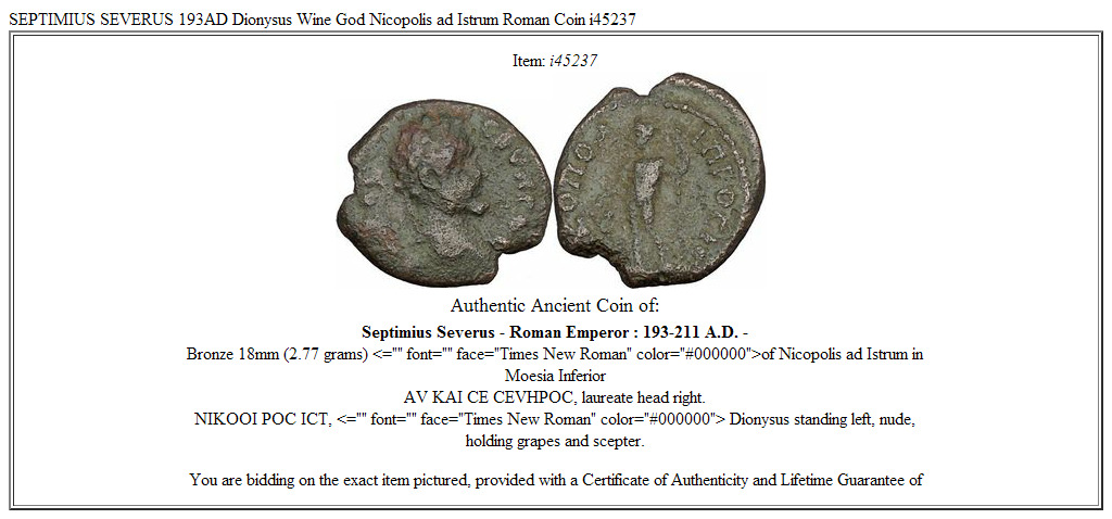 SEPTIMIUS SEVERUS 193AD Dionysus Wine God Nicopolis ad Istrum Roman Coin i45237
