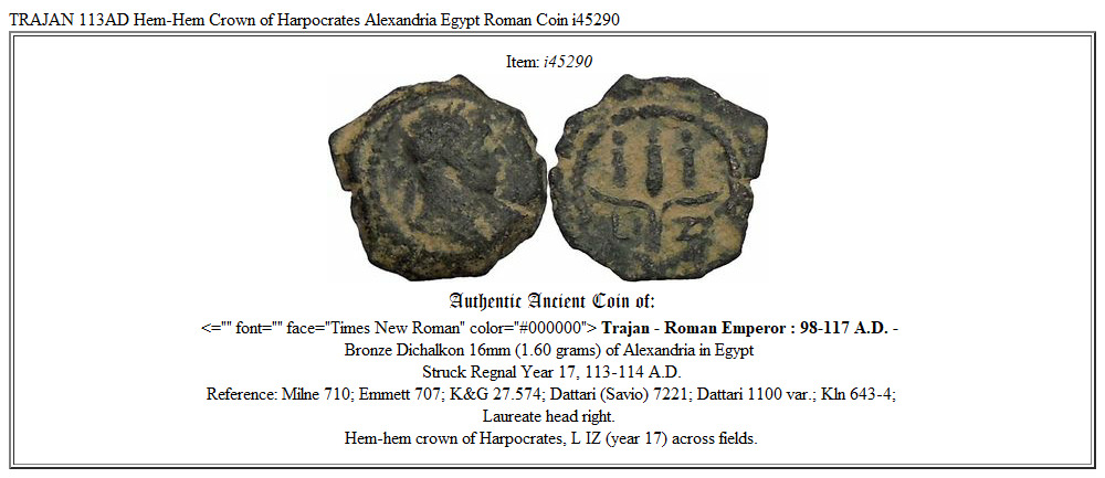 TRAJAN 113AD Hem-Hem Crown of Harpocrates Alexandria Egypt Roman Coin i45290