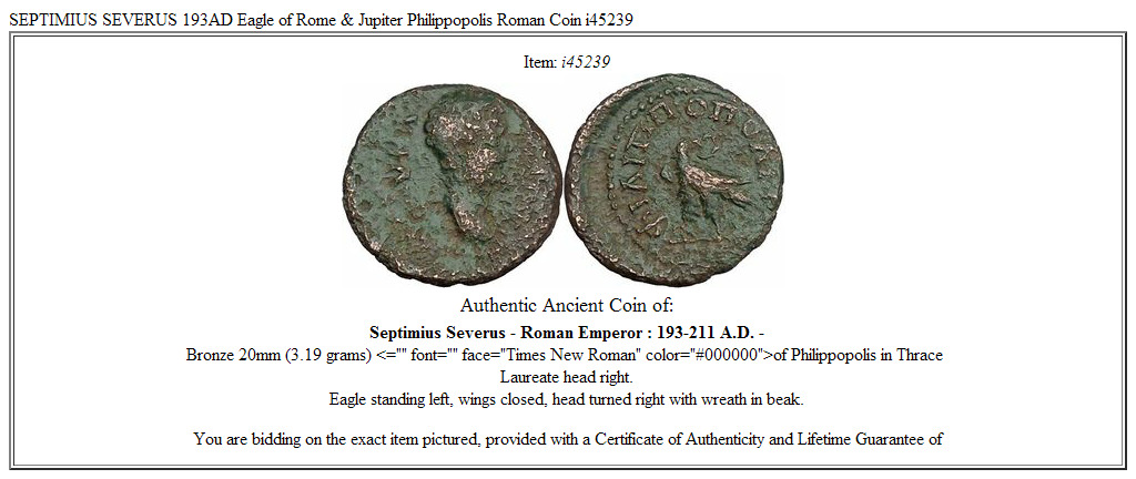 SEPTIMIUS SEVERUS 193AD Eagle of Rome & Jupiter Philippopolis Roman Coin i45239