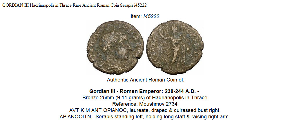 GORDIAN III Hadrianopolis in Thrace Rare Ancient Roman Coin Serapis i45222