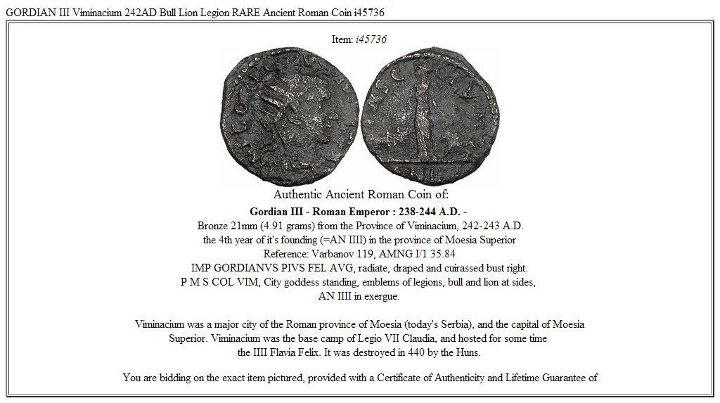 GORDIAN III Viminacium 242AD Bull Lion Legion RARE Ancient Roman Coin i45736