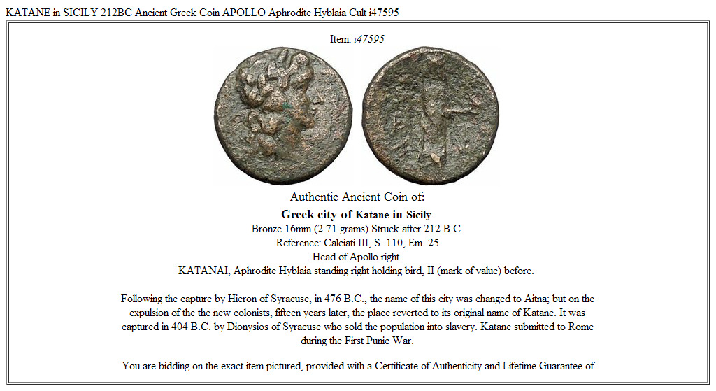 KATANE in SICILY 212BC Ancient Greek Coin APOLLO Aphrodite Hyblaia Cult i47595