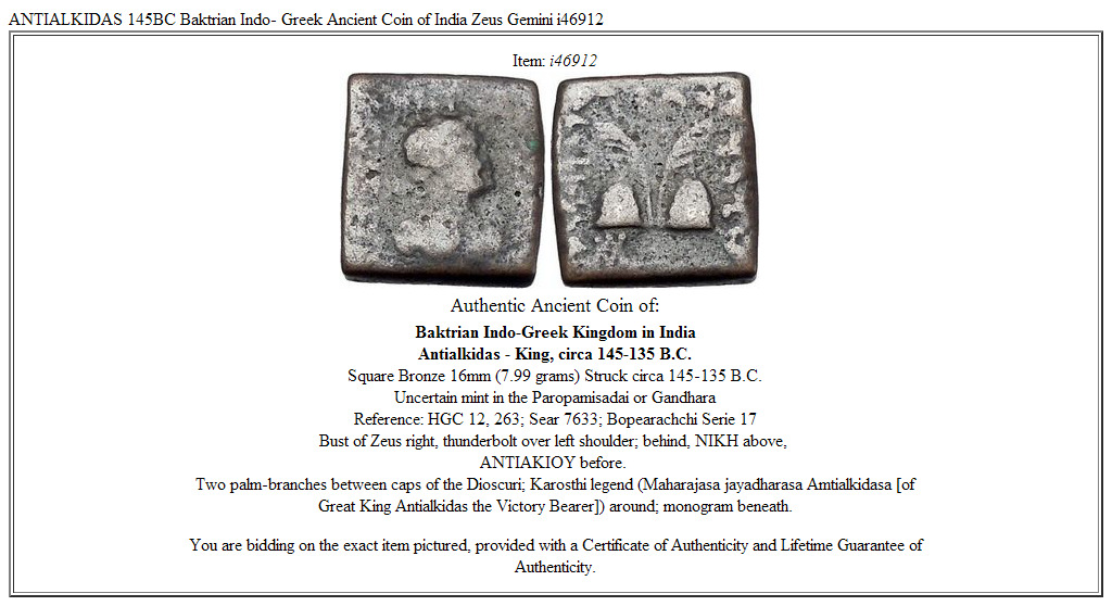 ANTIALKIDAS 145BC Baktrian Indo- Greek Ancient Coin of India Zeus Gemini i46912