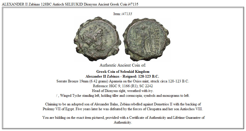 ALEXANDER II Zabinas 128BC Antioch SELEUKID Dionysus Ancient Greek Coin i47135
