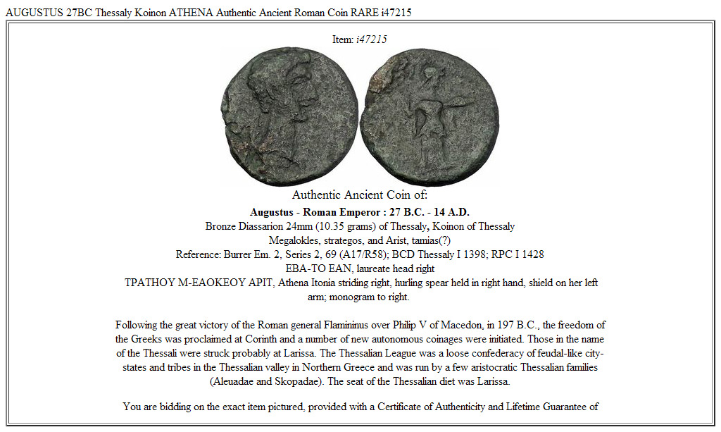 AUGUSTUS 27BC Thessaly Koinon ATHENA Authentic Ancient Roman Coin RARE i47215