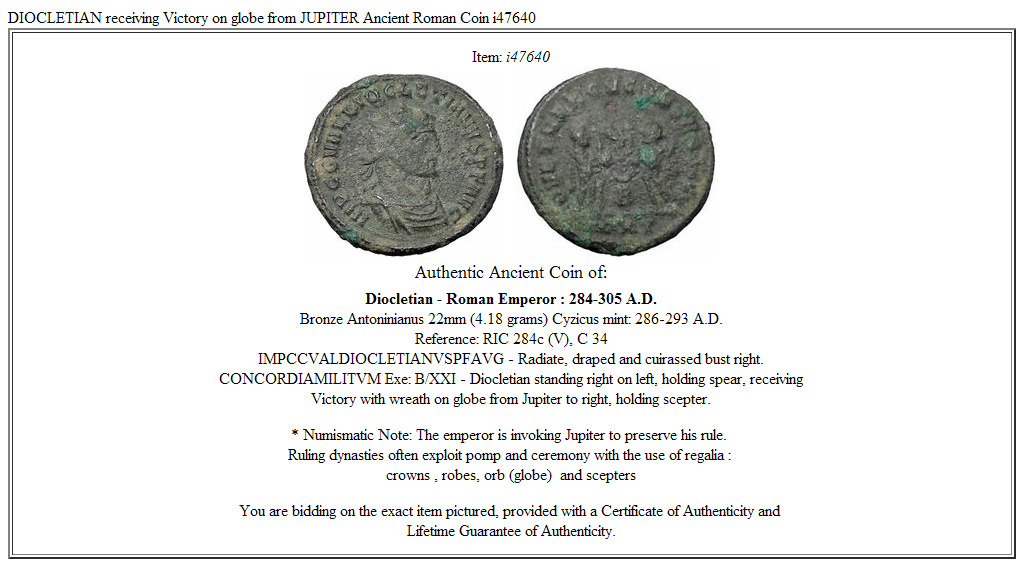 DIOCLETIAN receiving Victory on globe from JUPITER Ancient Roman Coin i47640