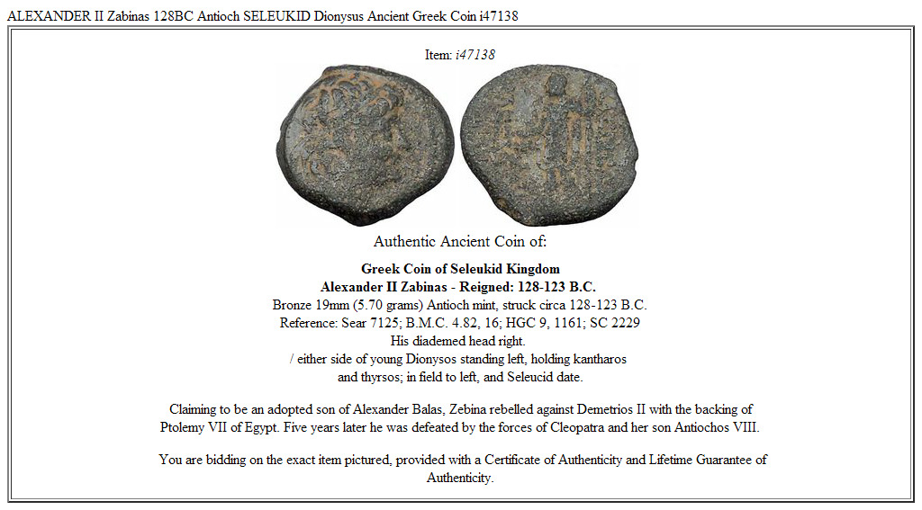 ALEXANDER II Zabinas 128BC Antioch SELEUKID Dionysus Ancient Greek Coin i47138