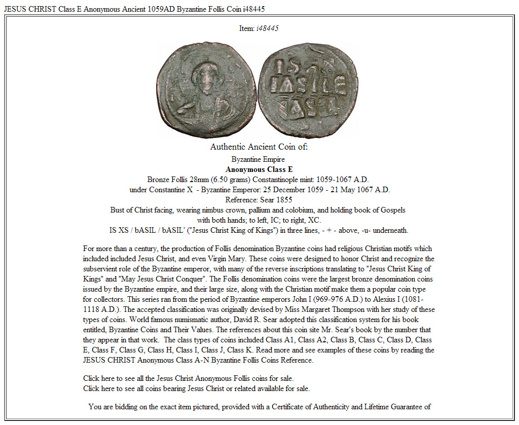 JESUS CHRIST Class E Anonymous Ancient 1059AD Byzantine Follis Coin i48445