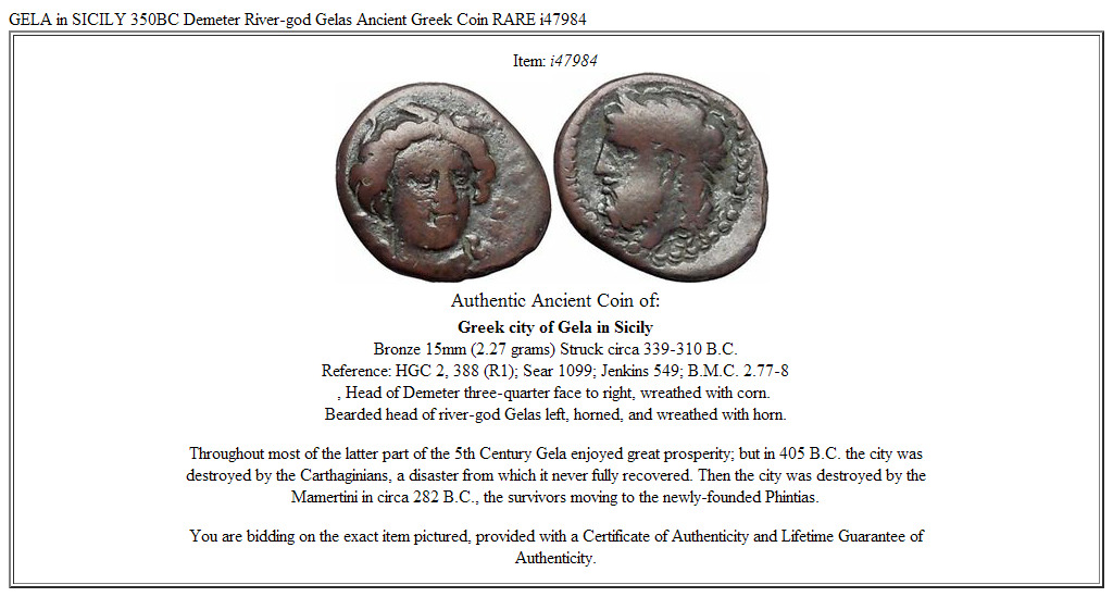GELA in SICILY 350BC Demeter River-god Gelas Ancient Greek Coin RARE i47984