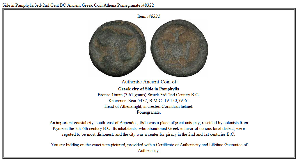 Side in Pamphylia 3rd-2nd Cent BC Ancient Greek Coin Athena Pomegranate i48322