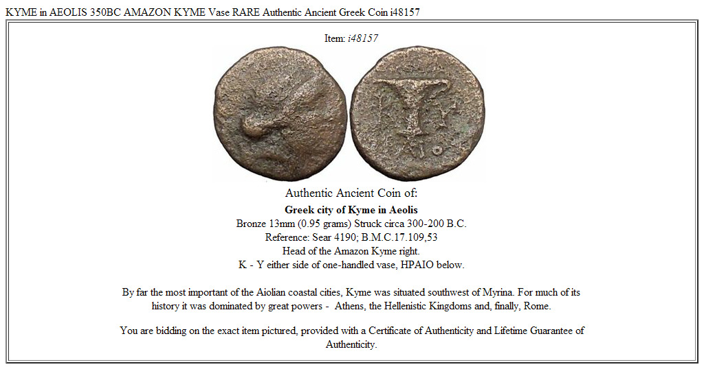 KYME in AEOLIS 350BC AMAZON KYME Vase RARE Authentic Ancient Greek Coin i48157