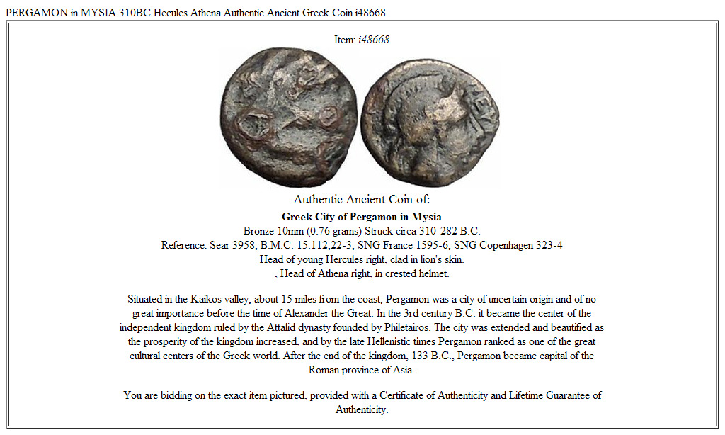 PERGAMON in MYSIA 310BC Hecules Athena Authentic Ancient Greek Coin i48668