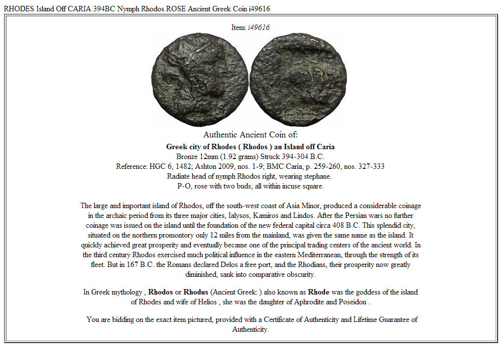 RHODES Island Off CARIA 394BC Nymph Rhodos ROSE Ancient Greek Coin i49616