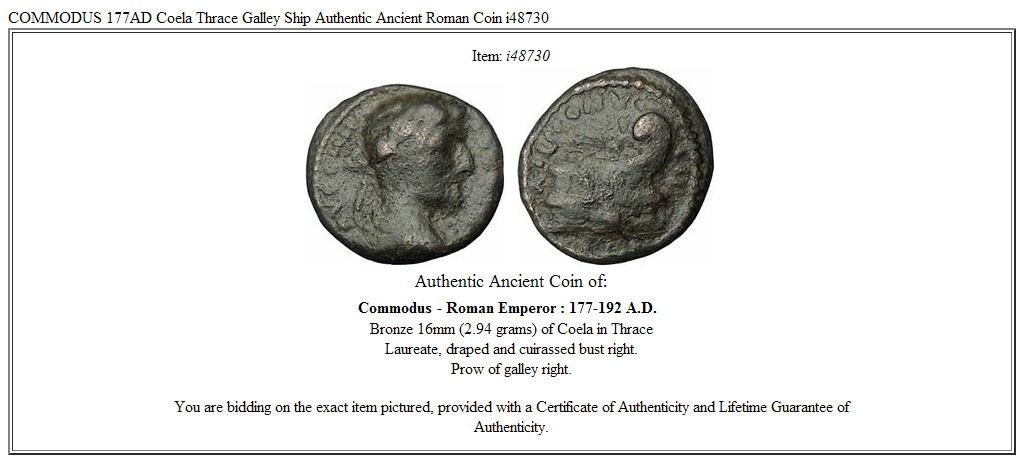 COMMODUS 177AD Coela Thrace Galley Ship Authentic Ancient Roman Coin i48730