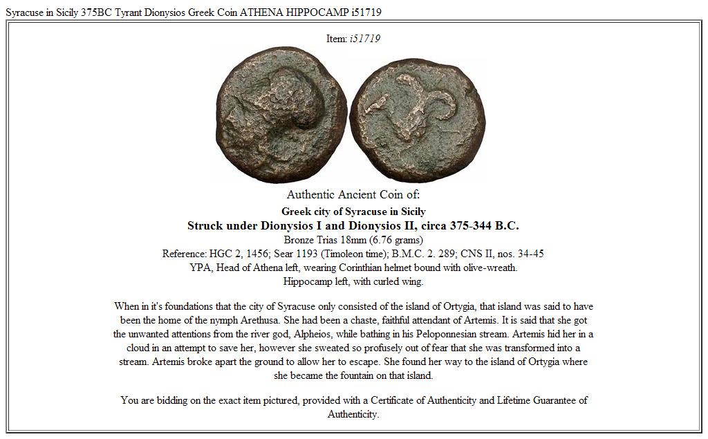 Syracuse in Sicily 375BC Tyrant Dionysios Greek Coin ATHENA HIPPOCAMP i51719