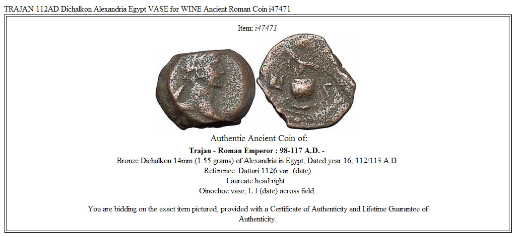 TRAJAN 112AD Dichalkon Alexandria Egypt VASE for WINE Ancient Roman Coin i47471