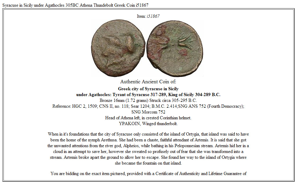 Syracuse in Sicily under Agathocles 305BC Athena Thundebolt Greek Coin i51867