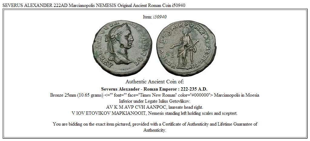 SEVERUS ALEXANDER 222AD Marcianopolis NEMESIS Original Ancient Roman Coin i50940