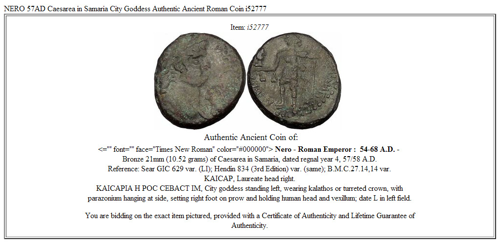 NERO 57AD Caesarea in Samaria City Goddess Authentic Ancient Roman Coin i52777