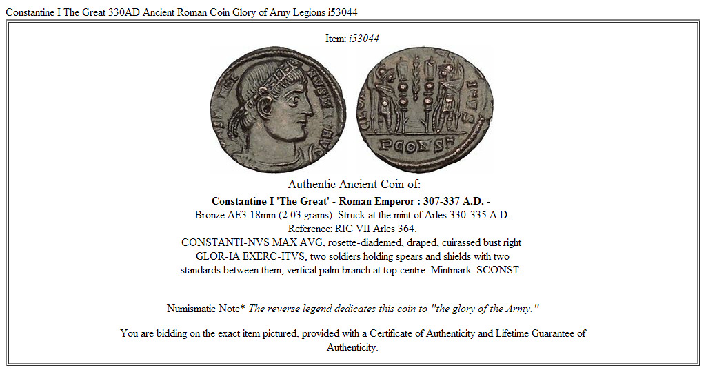 Constantine I The Great 330AD Ancient Roman Coin Glory of Arny Legions i53044