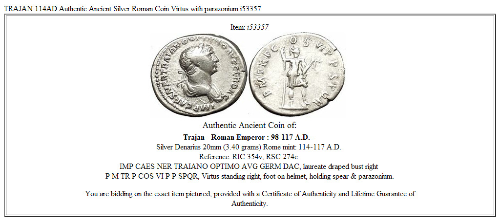 TRAJAN 114AD Authentic Ancient Silver Roman Coin Virtus with parazonium i53357