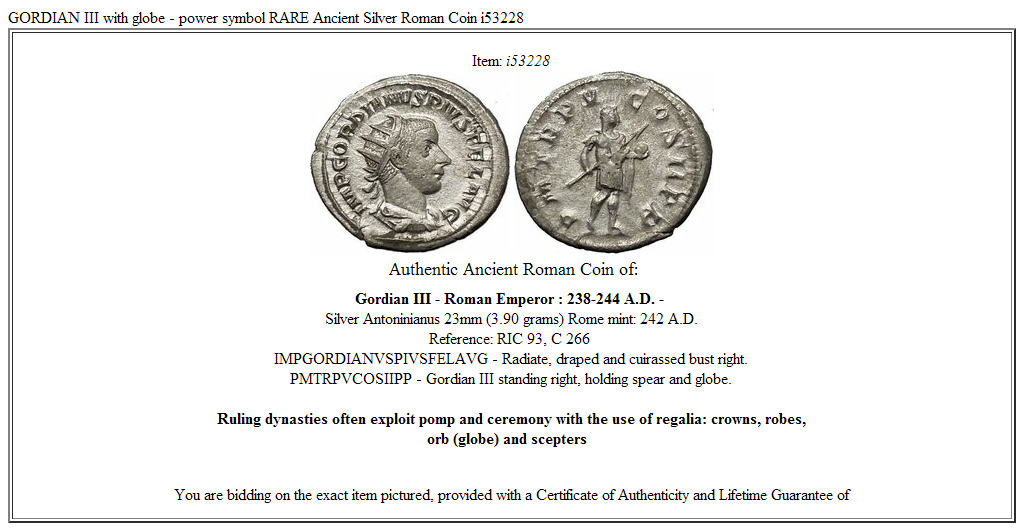 GORDIAN III with globe - power symbol RARE Ancient Silver Roman Coin i53228