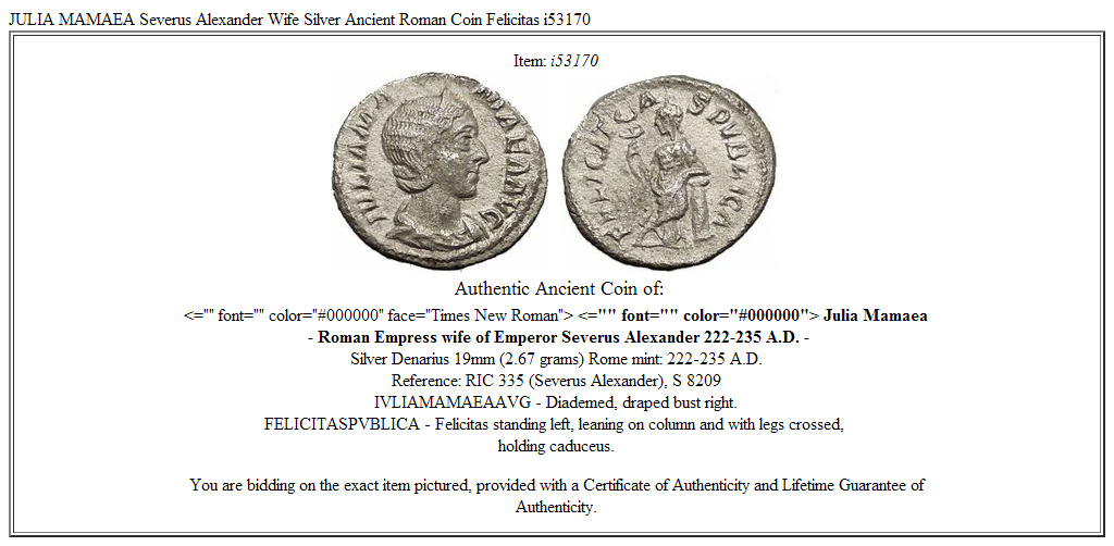 JULIA MAMAEA Severus Alexander Wife Silver Ancient Roman Coin Felicitas i53170