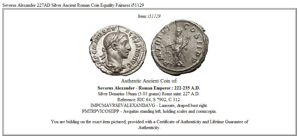 Severus Alexander 227AD Silver Ancient Roman Coin Equality Fairness i51129