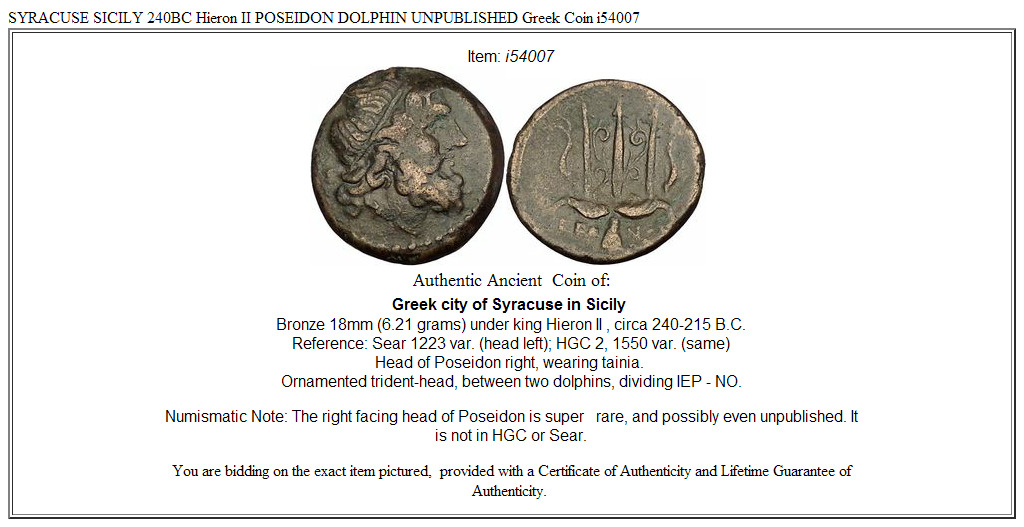 SYRACUSE SICILY 240BC Hieron II POSEIDON DOLPHIN UNPUBLISHED Greek Coin i54007