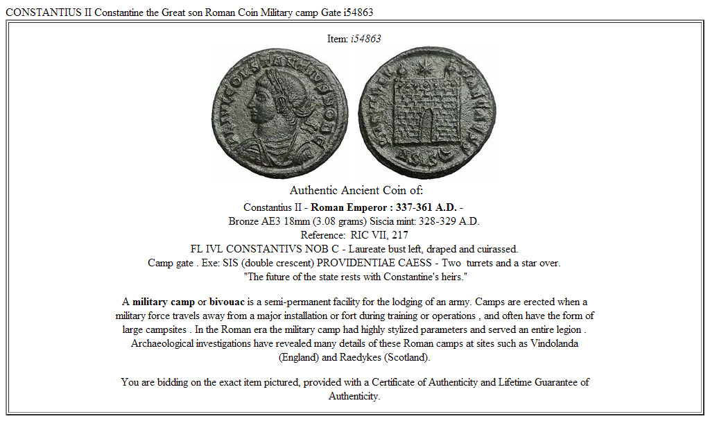 CONSTANTIUS II Constantine the Great son Roman Coin Military camp Gate i54863