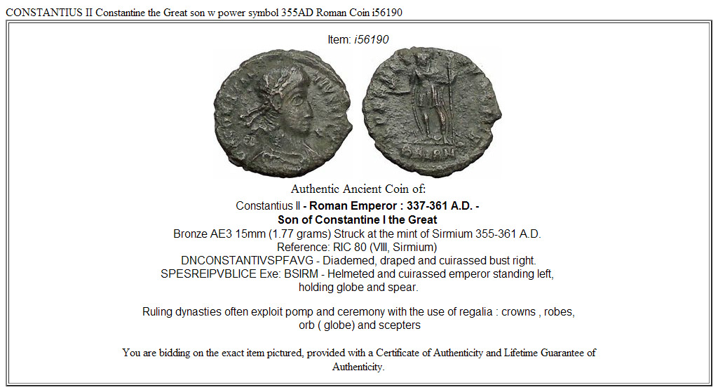 CONSTANTIUS II Constantine the Great son w power symbol 355AD Roman Coin i56190