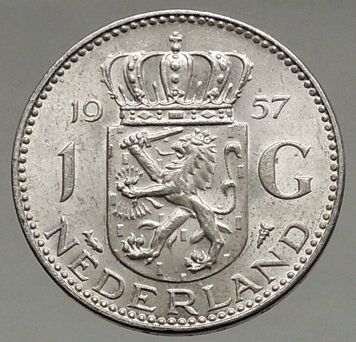 1957 Netherlands Kingdom Queen JULIANA 1 Gulden Authentic Silver Coin i56620