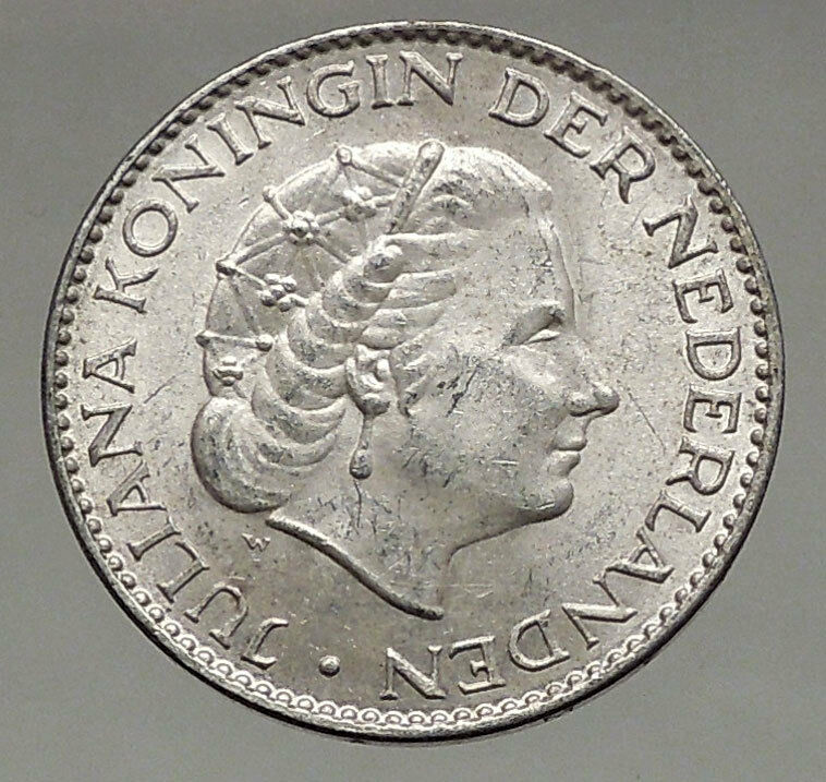 1957 Netherlands Kingdom Queen JULIANA 1 Gulden Authentic Silver Coin i56620